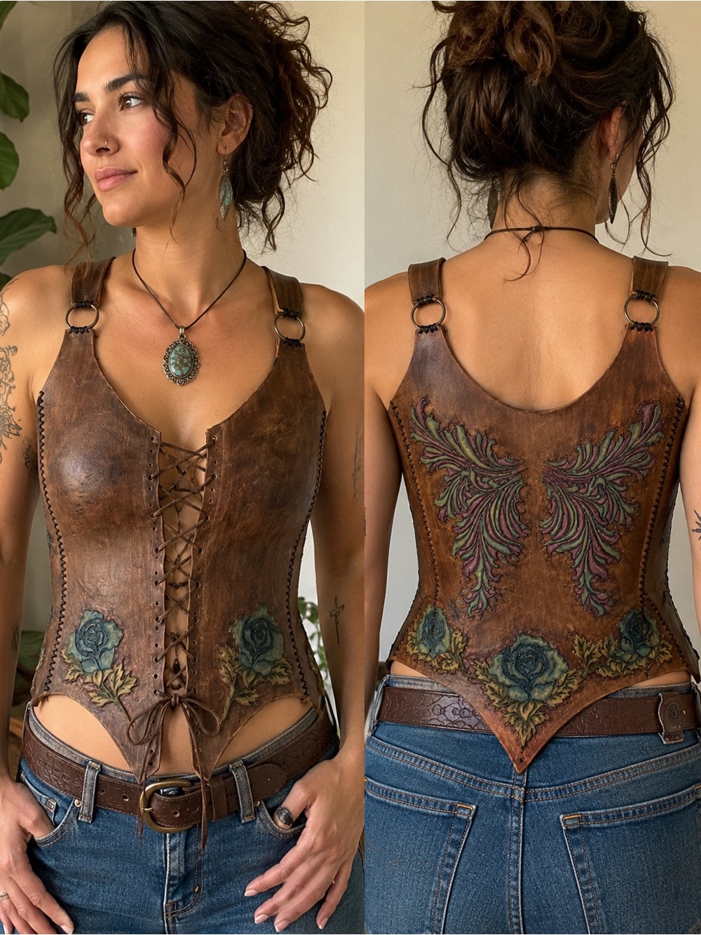 Handmade Tooled Leather Lace Up Vest Bodice Blue Rose Floral Wearable Art